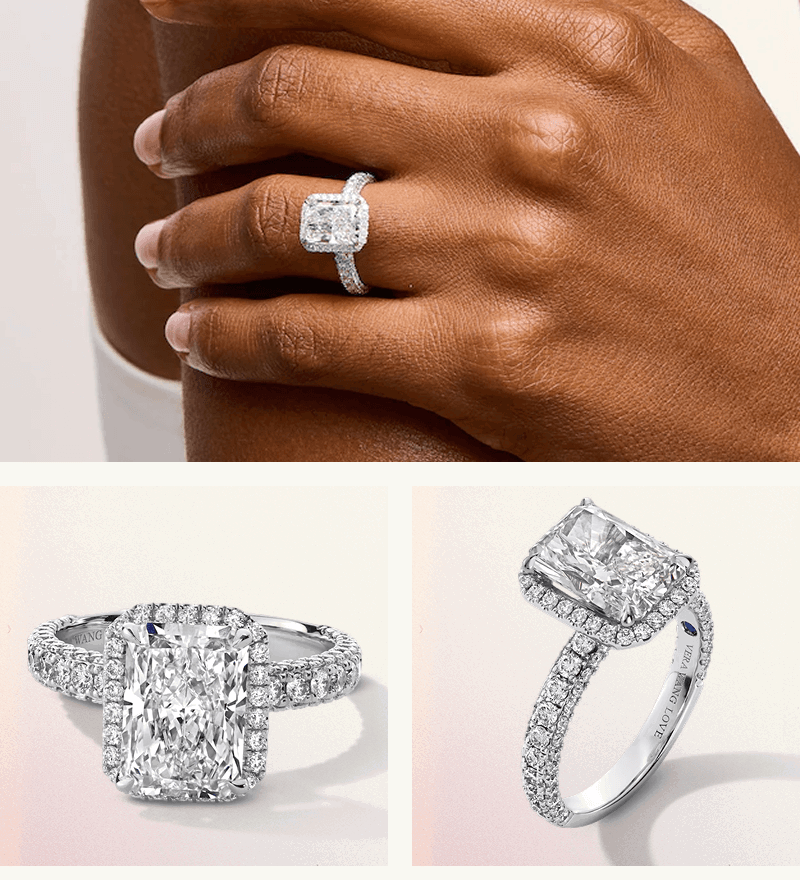 Views (product shot & lifestyle) of white-metal eternity band, set with large, radiant-cut center diamond with halo.