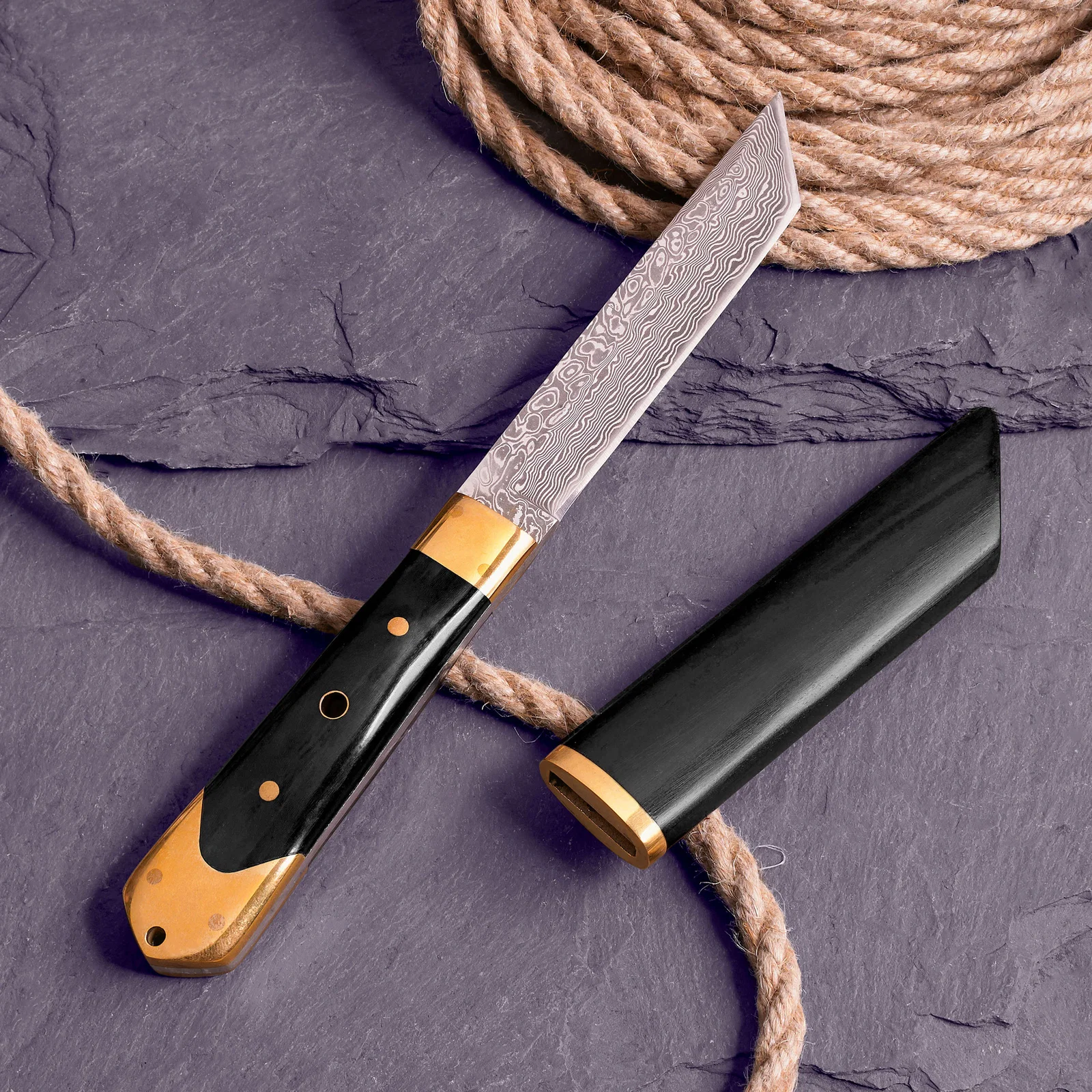 Image of Versatile Damascus Steel Knife with Ebony and Brass Handle