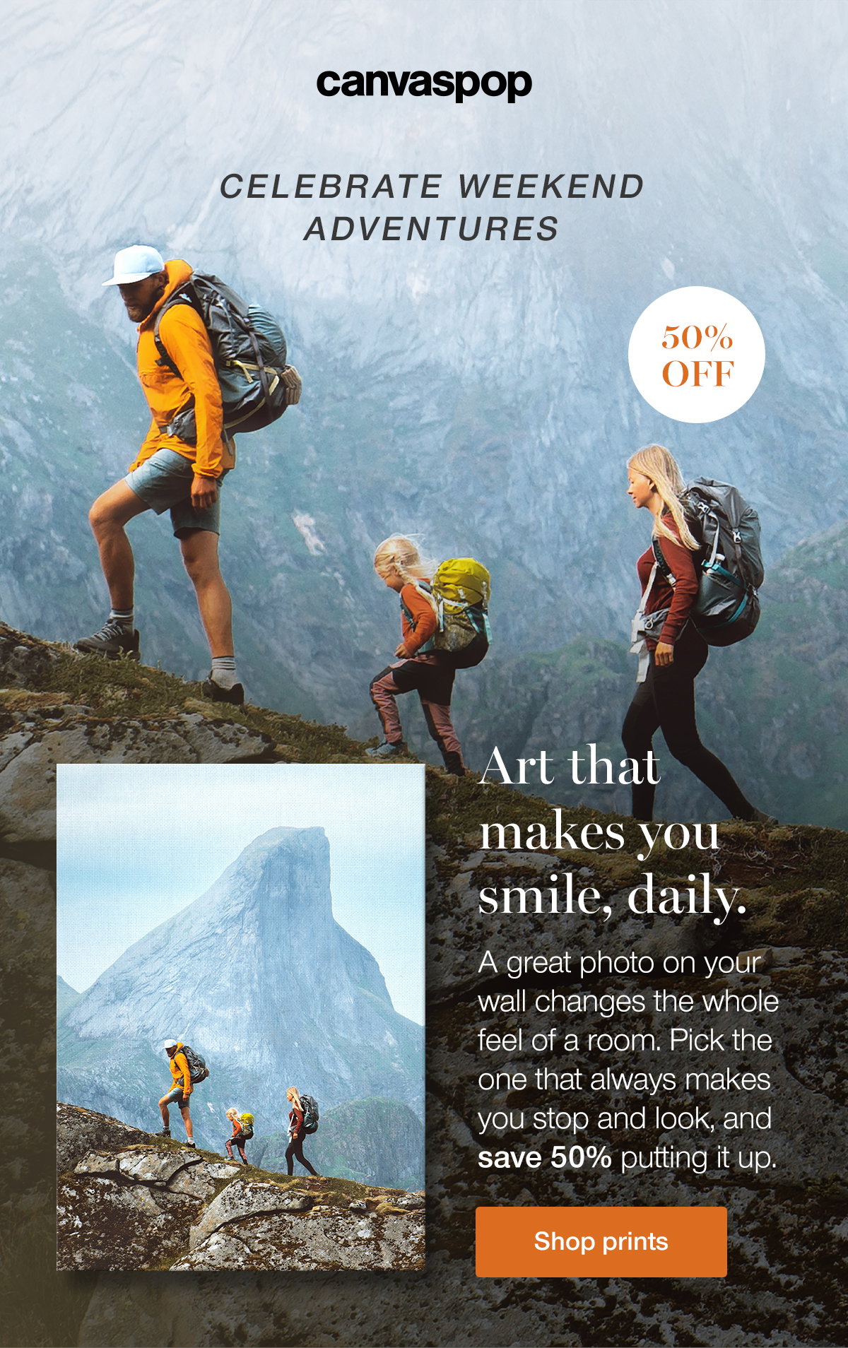 Art that makes you smile, daily. A great photo on your wall changes the whole feel of a room. Pick the one that always makes you stop and look, and save 50% putting it up. Shop prints.