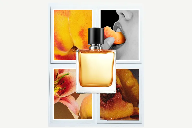fragrance bottle in front of photos of peaches