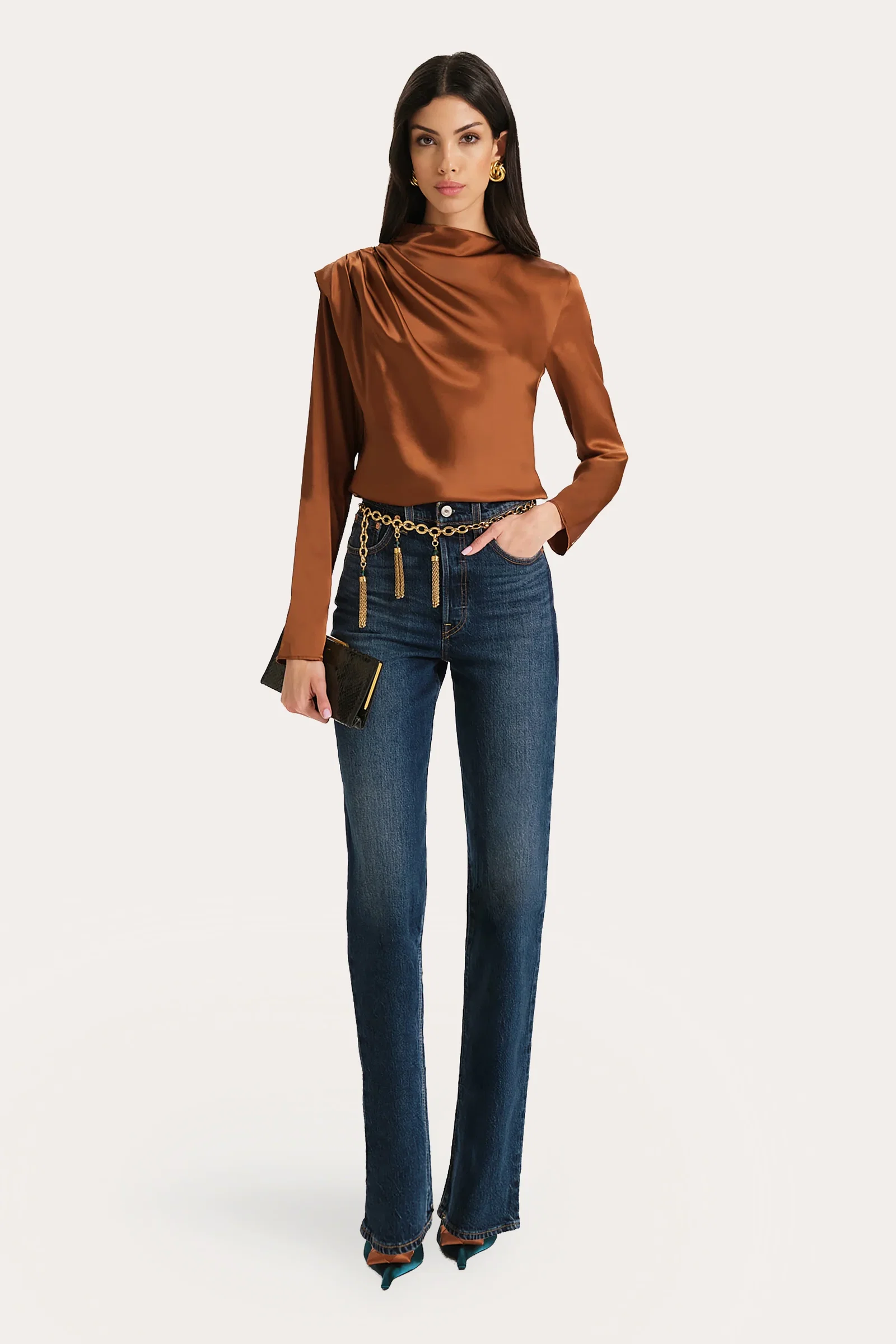 Image of Leah Silk Charmeuse Ruched Long Sleeve Shirt