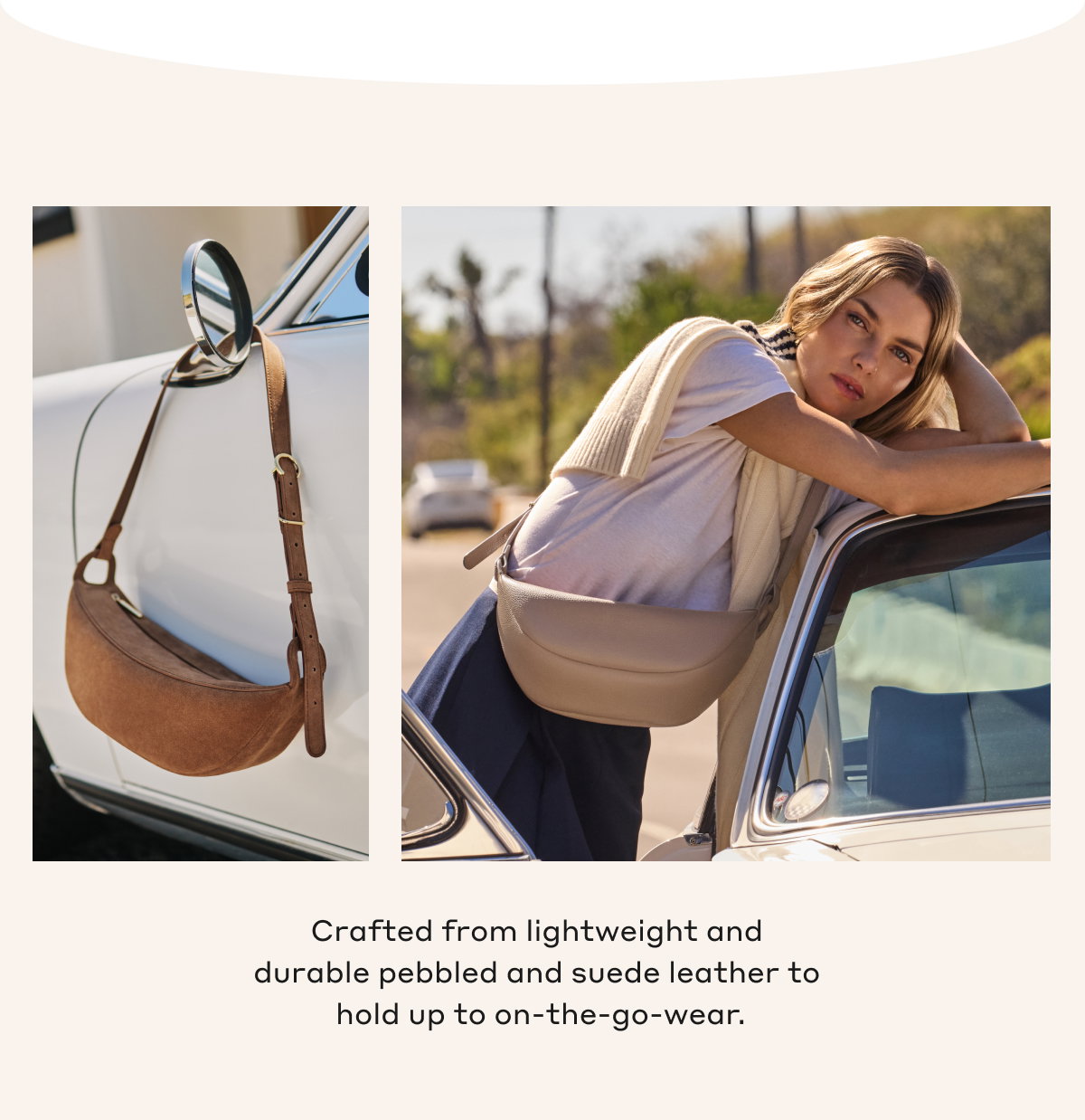 Crafted from lightweight and durable pebbled and suede leather to hold up to on-the-go-wear.
