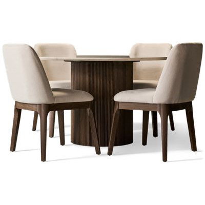 Sophia 5 Piece Dining Set - Round Faux Stone Table - Four Upholstered Chairs - Soft Fabric - Modern Elegance - Seats 4