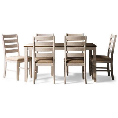 Skempton 7 Piece Dining Set - Elegant Farmhouse Design - Distressed Two-Tone Table - Six Upholstered Ladderback Chairs