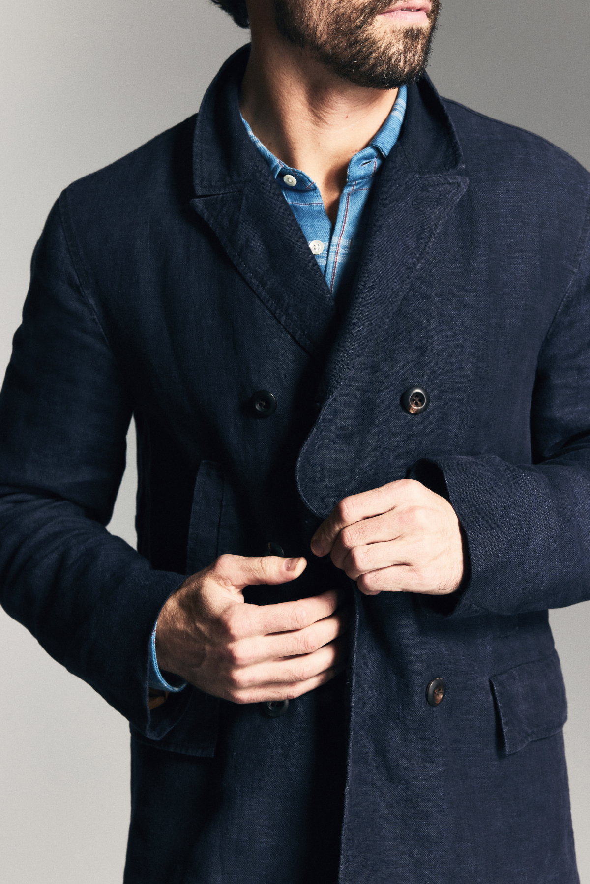 Model wears the Canvas Linen Bond Peacoat