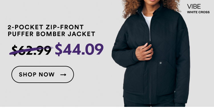White Cross Vibe | 2-Pocket Zip-Front Puffer Bomber Jacket | $44.09 | Shop Now