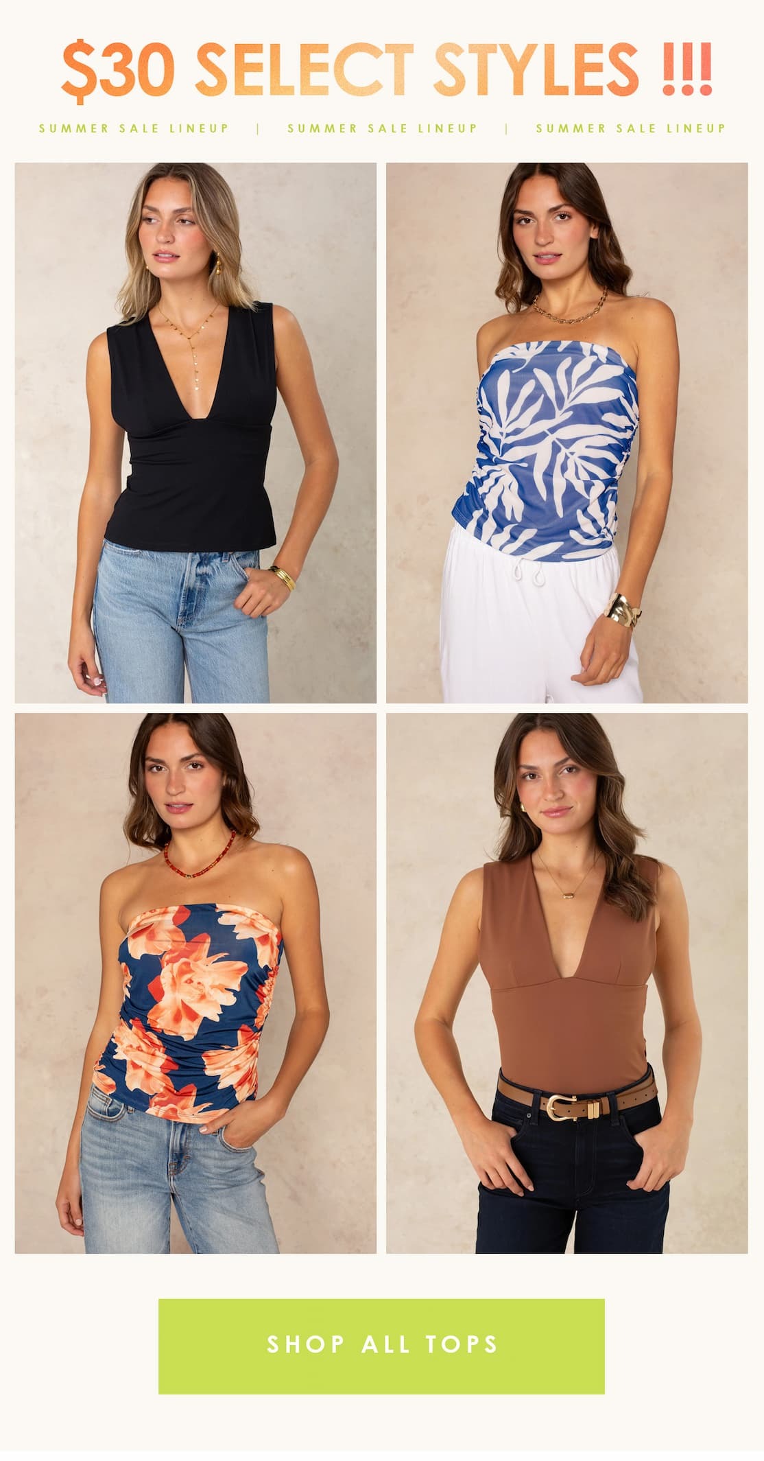 Four models wearing black, blue-and-white, floral, and brown tops beneath the headline “$30 Select Styles,” with a “Shop All Tops” button.