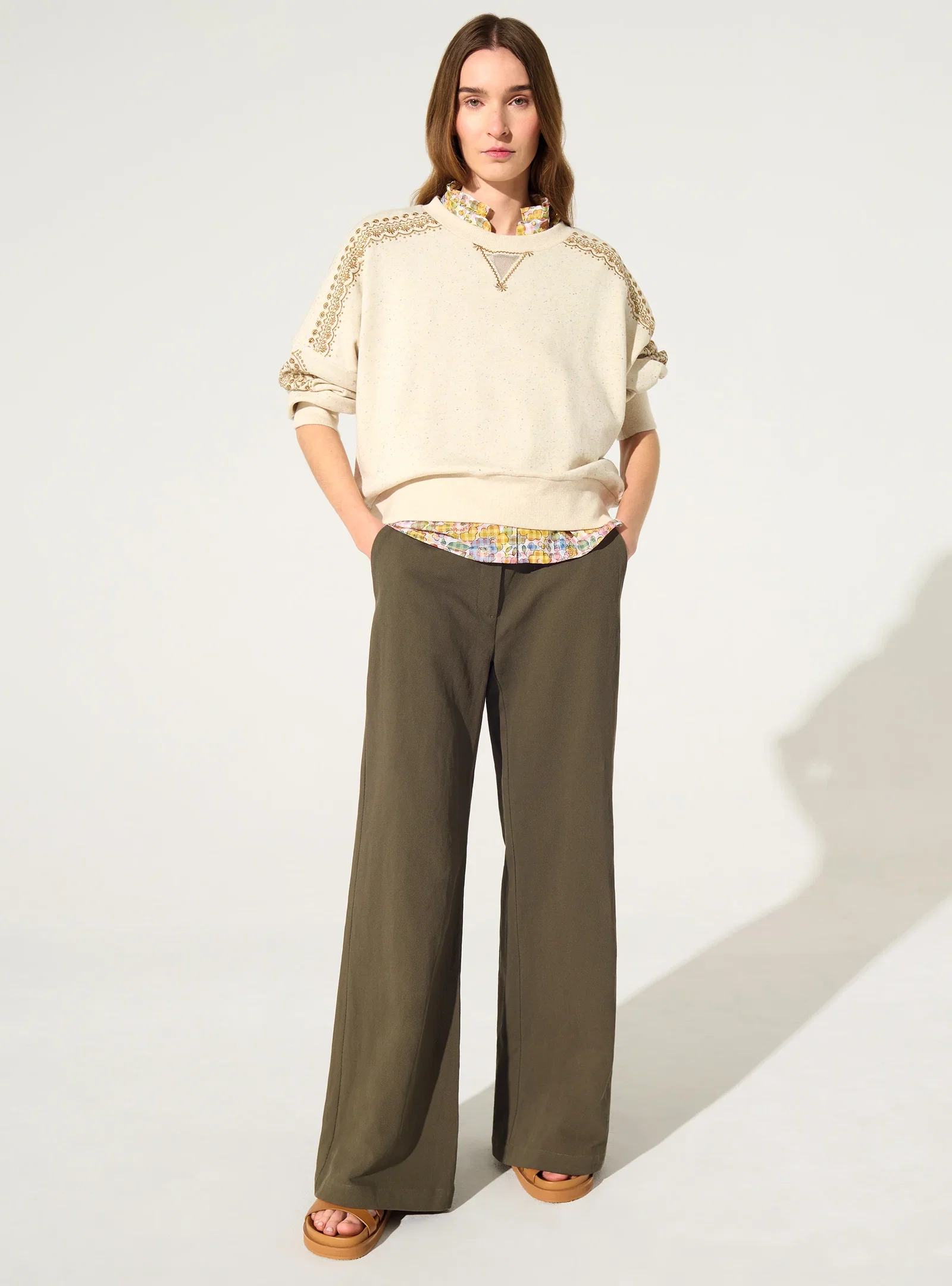 Image of Pantalon en coton et lin vert