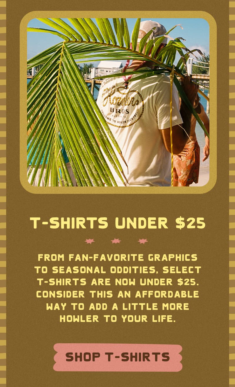 From fan-favorite graphics to seasonal oddities, select t-shirts are now under $25. Consider this an affordable way to add a little more Howler to your life.