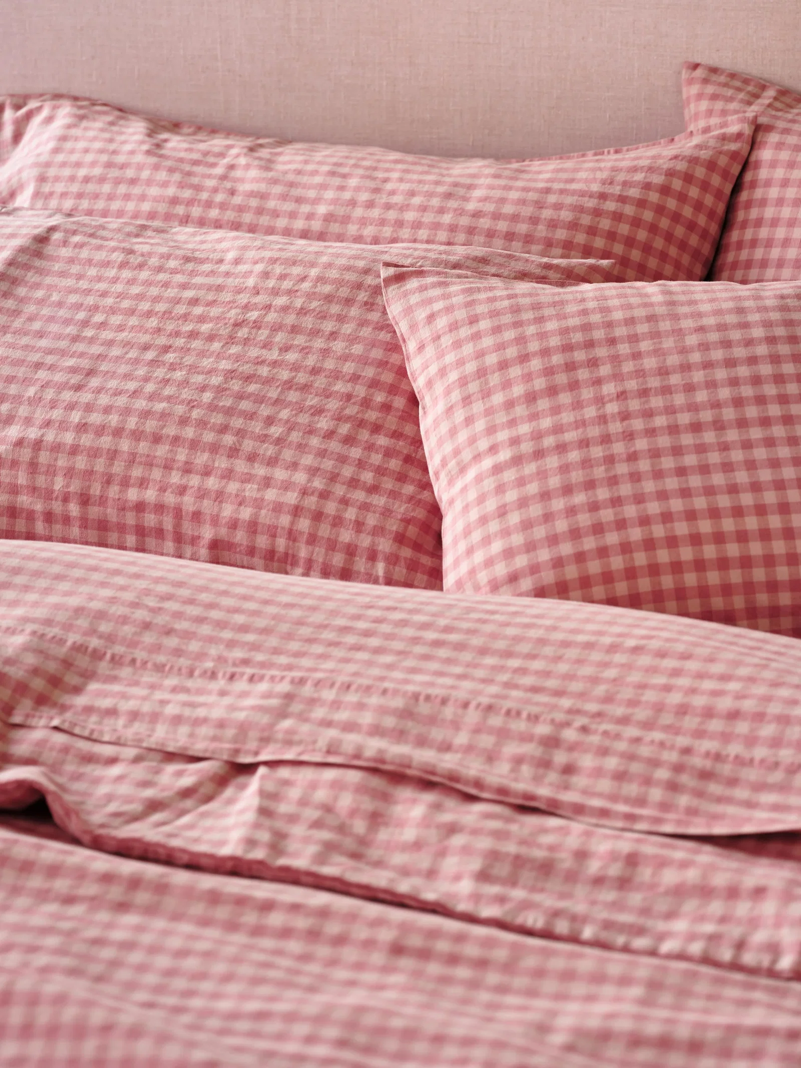Image of Dusty Pink & Rose Color Drenched Gingham Linen Blend Pillowcases (Pair)