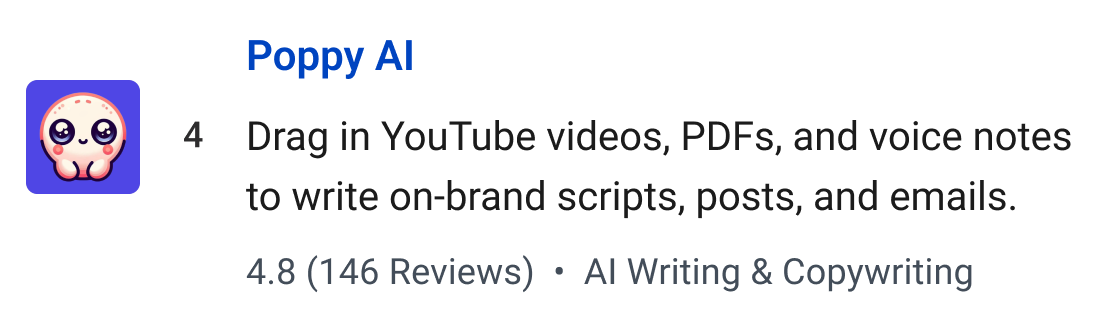 Poppy AI: Drag in YouTube videos, PDFs, and voice notes to write on-brand scripts, posts, and emails.