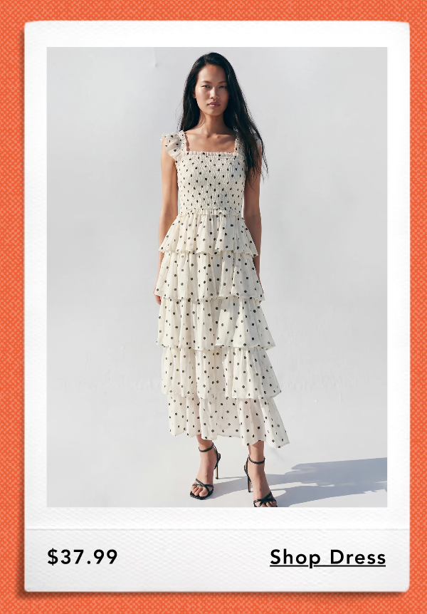 Polka Dot Smocked Bodice 5 Tiered Midi Dress
