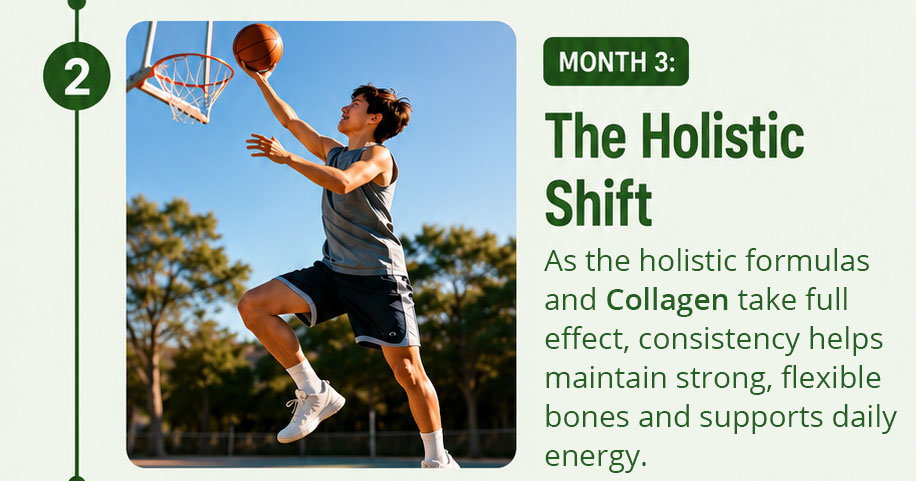 Month 3: The Holistic Shift. As the holistic formula and collagen take full effect, consistent daily use helps maintain strong, flexible bones while supporting energy for everyday activities.