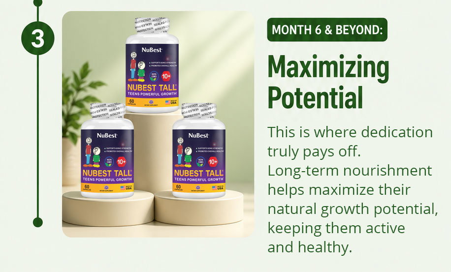 Month 6 & Beyond: Maximizing Potential. This is where your dedication truly pays off. With consistent long-term nourishment, your teen can maximize their natural growth potential while staying active, strong, and healthy.