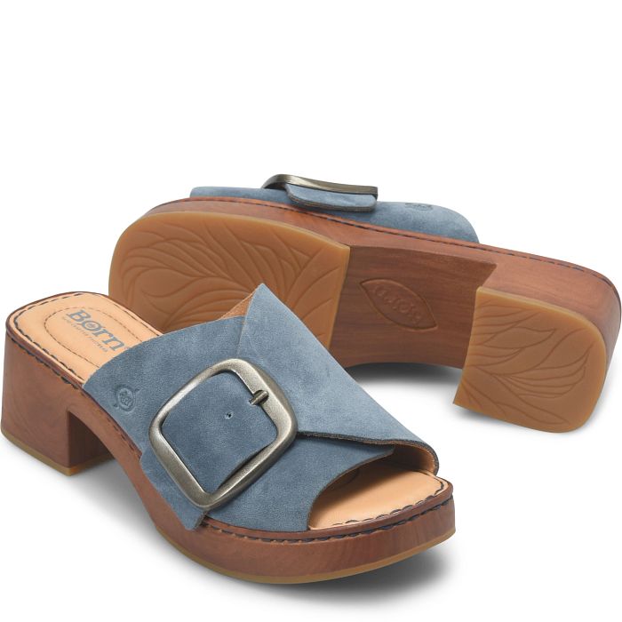 Bangle Heeled slide sandal in blue suede.