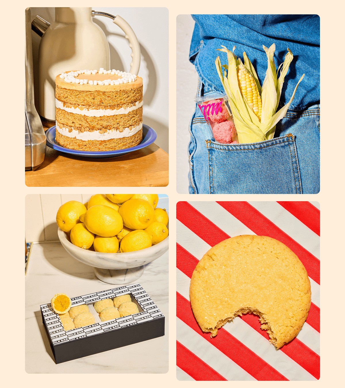 Four-panel collage on a cream background featuring Carrot Crackle Marshmallow Cake on a blue plate; Strawberry & Corn Truffles and an ear of corn tucked into a jeans pocket; Lemon Bar Truffles beside a bowl of lemons; and a bitten Corn Cookie on red-and-white stripes. 