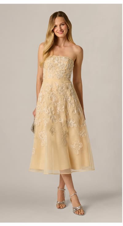 Strapless Floral Embroidered Organza Midi Dress In Maize