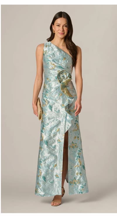 One Shoulder Floral Jacquard Rosette Gown In Blue Multi