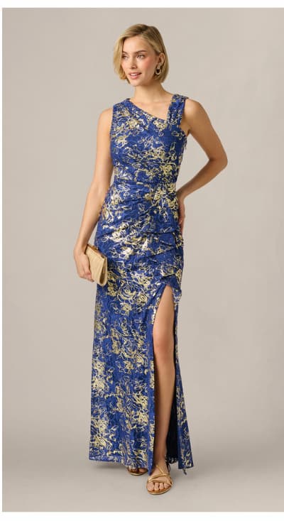 Asymmetrical Draped Stretch Metallic Lace Gown In Navy Gold
