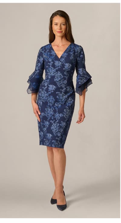 Floral Jacquard Bell Sleeve Sheath Dress In Navy Sateen