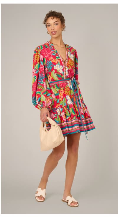 Bishop Sleeve Tropical Floral Short Dress In Red Multi