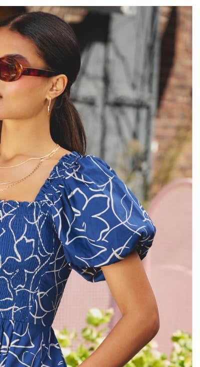 Puff Sleeve Floral Printed Blaire Midi Dress In Navy Ecru