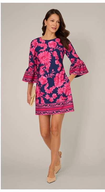 Bell Sleeve Floral Twill Short Dress In Navy Multi