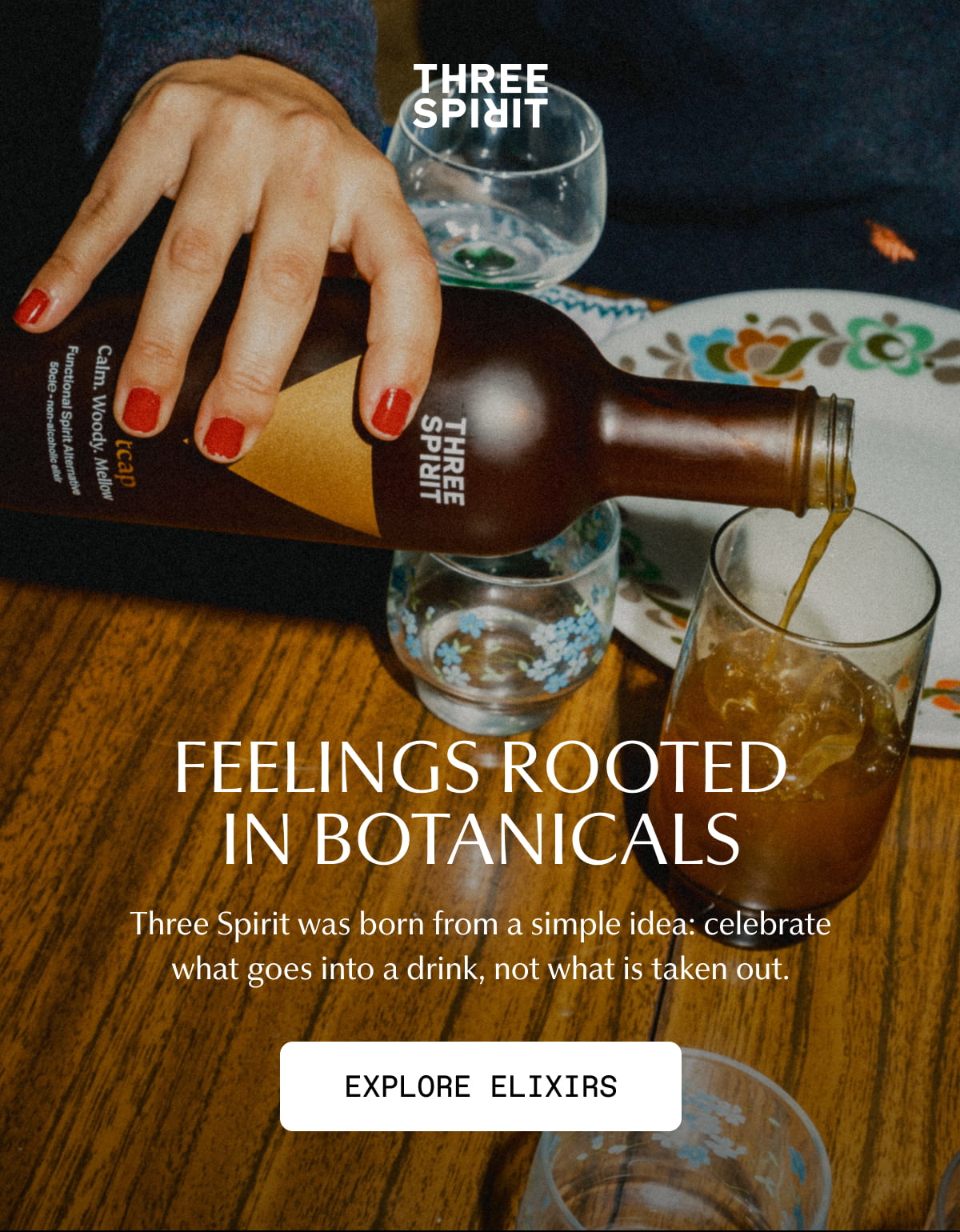 Three Spirit | FEELINGS ROOTED IN BOTANICALS | Three Spirit was born from a simple idea: celebrate what goes into a drink, not what is taken out. | [ EXPLORE ELIXIRS ]