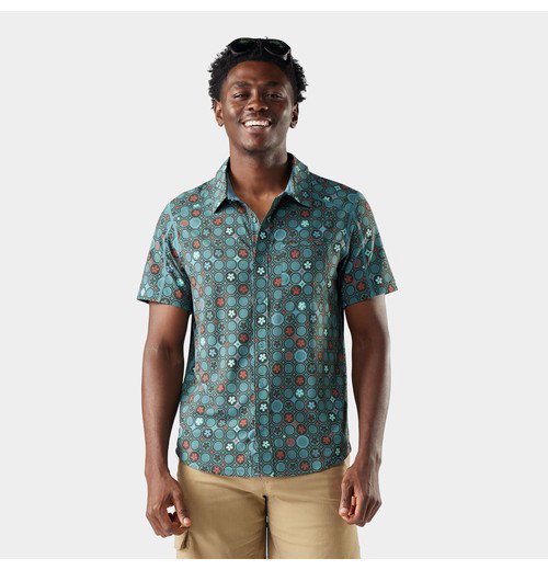 Men's Everyday Short Sleeve Button Down-Dusty Teal Geo Floral / L