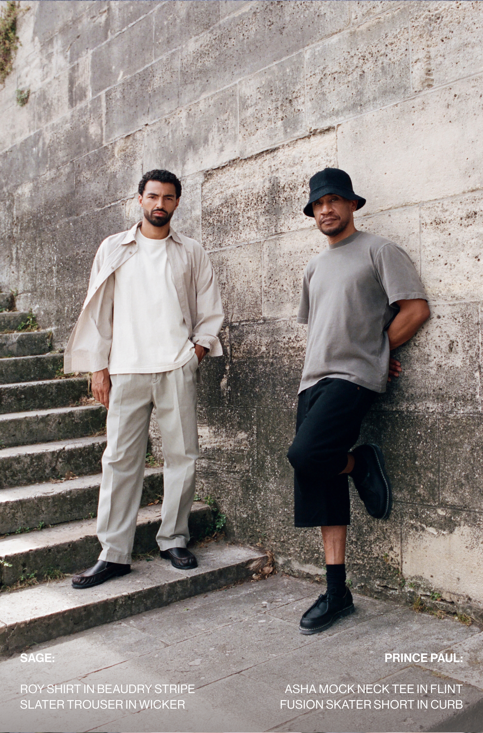 Roy Shirt in Beaudry Stripe + Slater Trouser in Wicker / Asha Mock Neck Tee in Flint + Fusion Skater Short in Curb