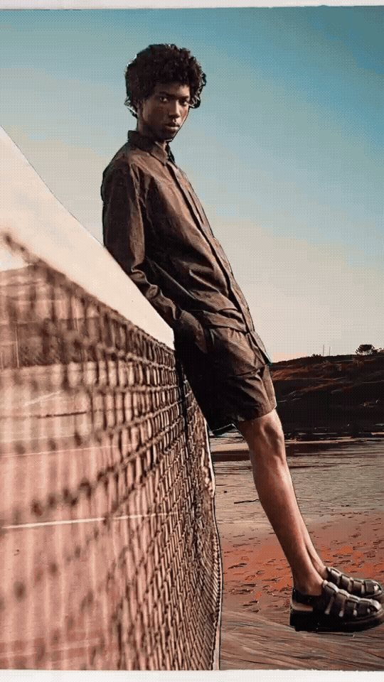 GIF of model wearing Nobis Farson collaged into different environments.