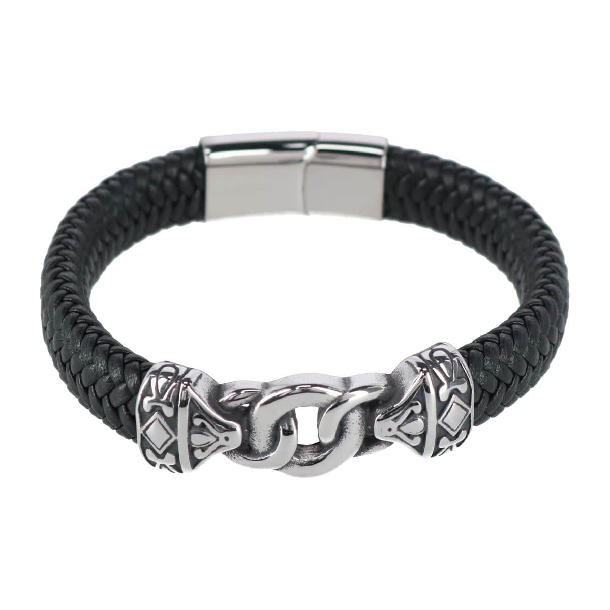 Image of Silver Interlock Pattern on Black Leather Bracelet