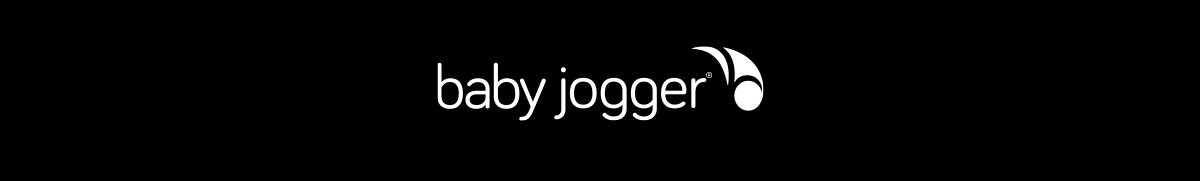 Baby jogger logo with stylized white text and graphic on black background.