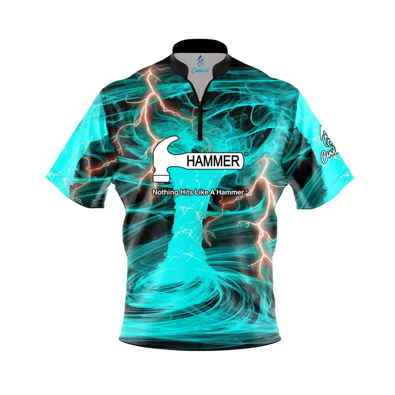 Image of Hammer Electrical Tornado Teal Quick Ship CoolWick Sash Zip Bowling Jersey - Medium