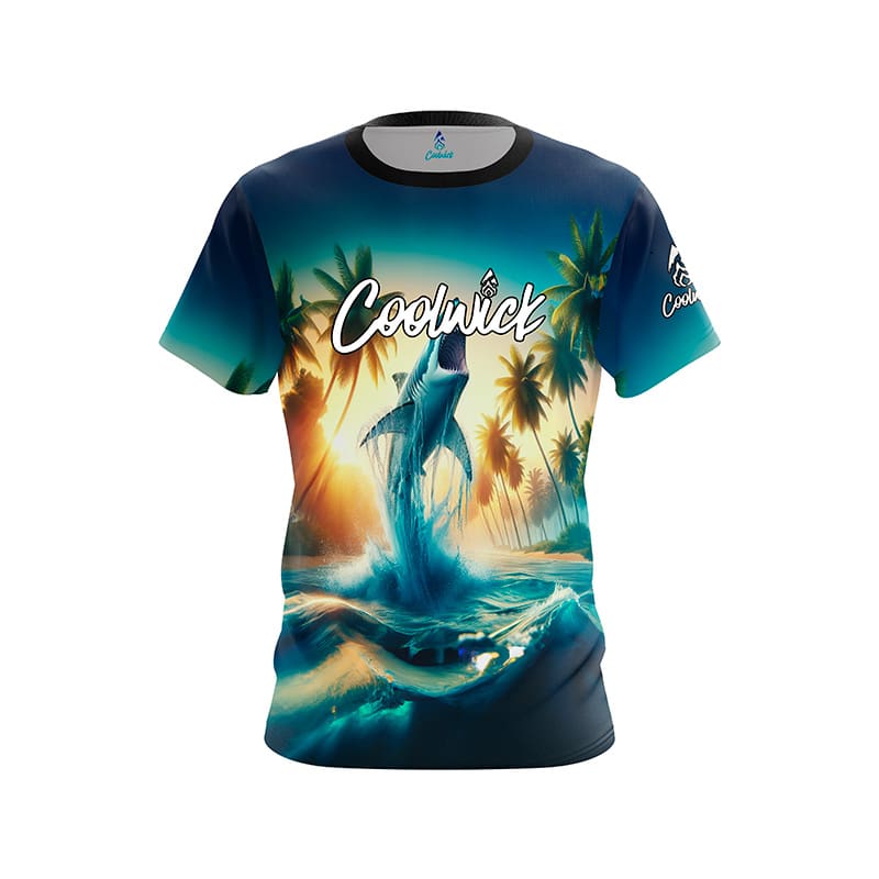 Image of Palm Trees and Sharks CoolWick Bowling Jersey - Coolwick