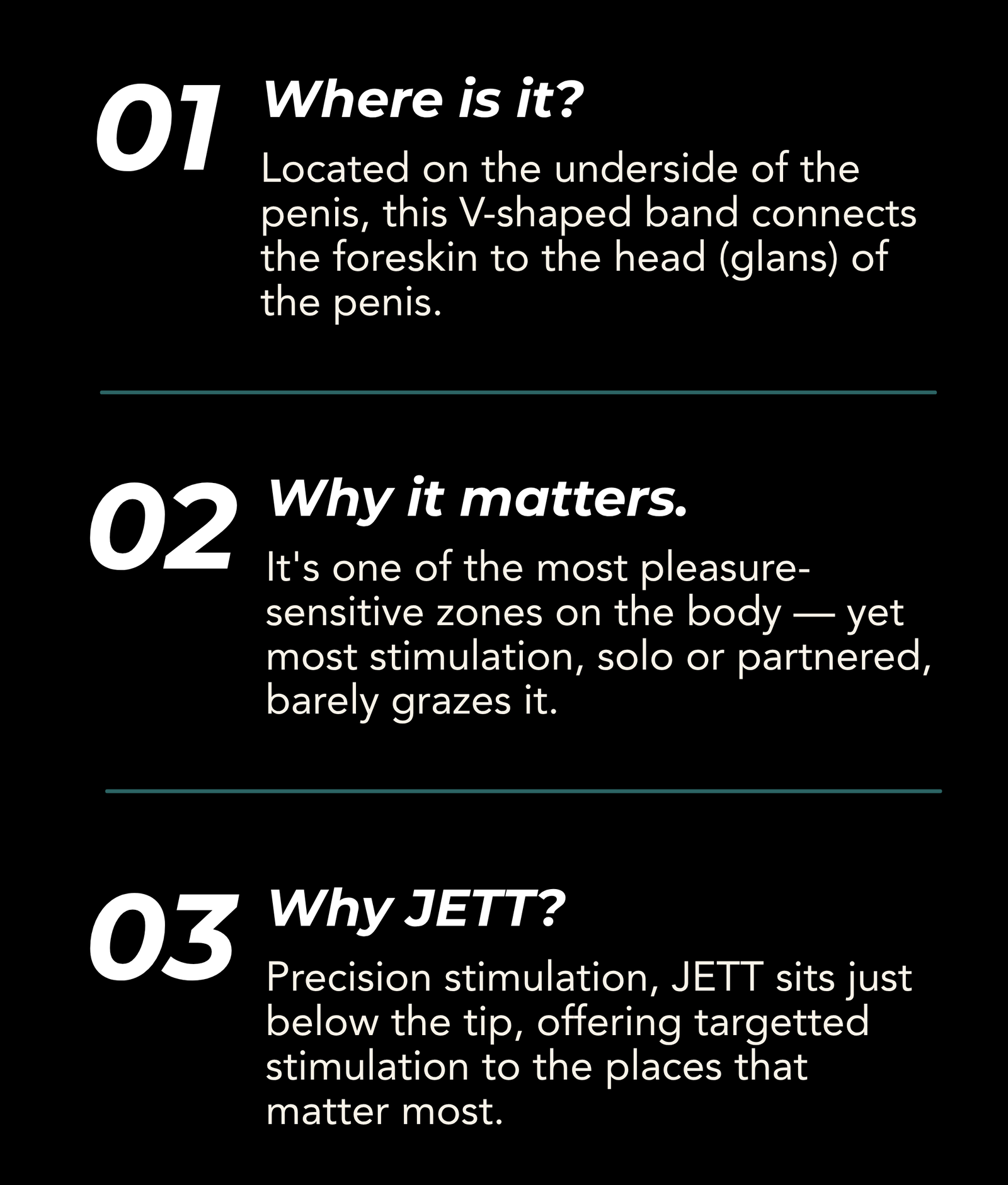Infographic showing where the frenulum is, why it's highly sensitive, and how JETT delivers targeted stimulation for enhanced pleasure.