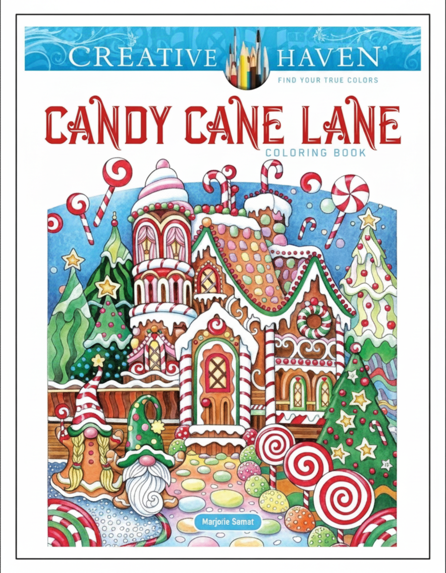 Coloring book cover: Candy Cane Lane with gingerbread houses, candy, and gnomes.