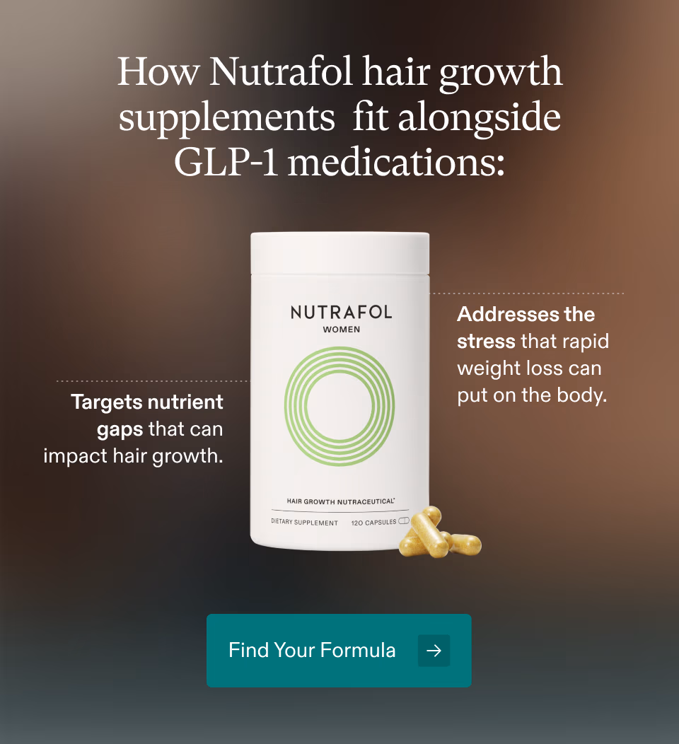 How Nutrafol hair growth supplements fit alongside GLP-1 medications: Targets nutrient gaps that can impact hair growth. Addresses the stress that rapid weight loss can put on the body.