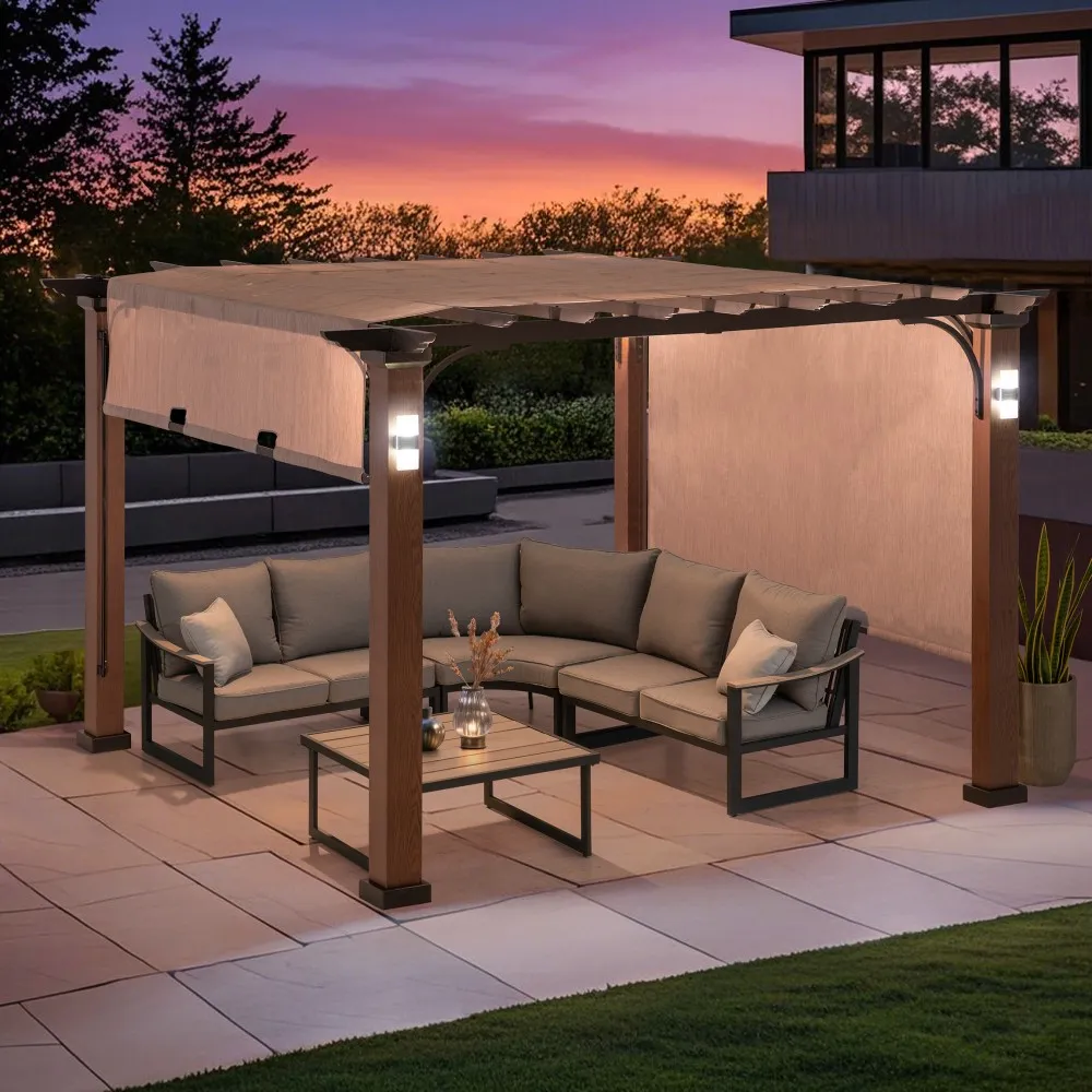 Image of Linear Solar Hybrid Pergola - Natural Woodgrain, 11x11
