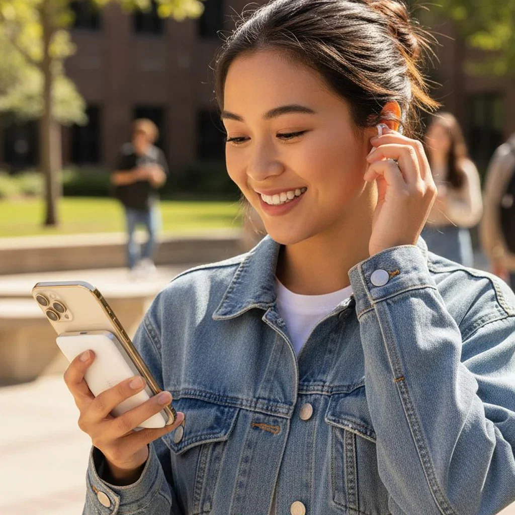 Young woman smiling while holding a smartphone outdoors on a college campus