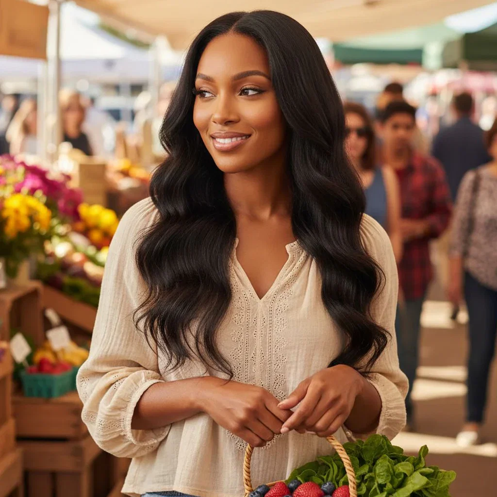 Woman with long, wavy black hair smiling at a farmer's market holding fresh berries and vegetables
