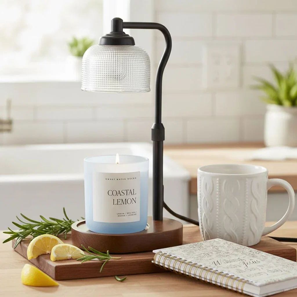 Coastal-themed desk setup with lemon candle, lamp, mug, notebook and fresh lemons on wooden surface.
