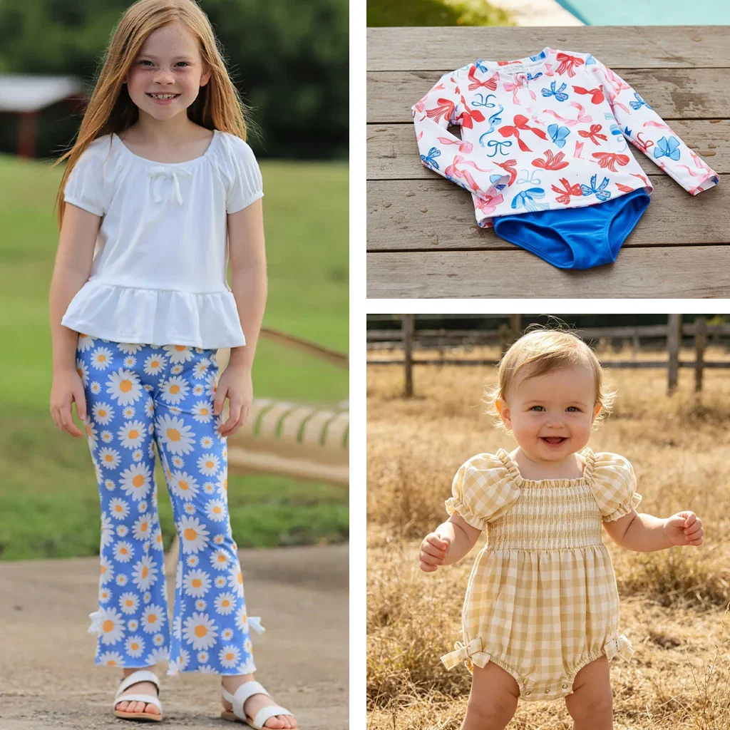 Rylee Faith Designs collection featuring children's clothing: girl in white top with blue daisy pants, bow-print swimsuit, and baby in gingham romper.