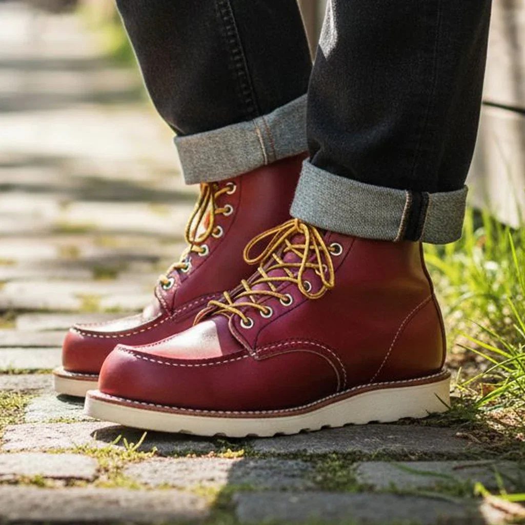Red Wing burgundy leather boots with cream sole and gold laces, worn with cuffed dark jeans on a brick pathway.