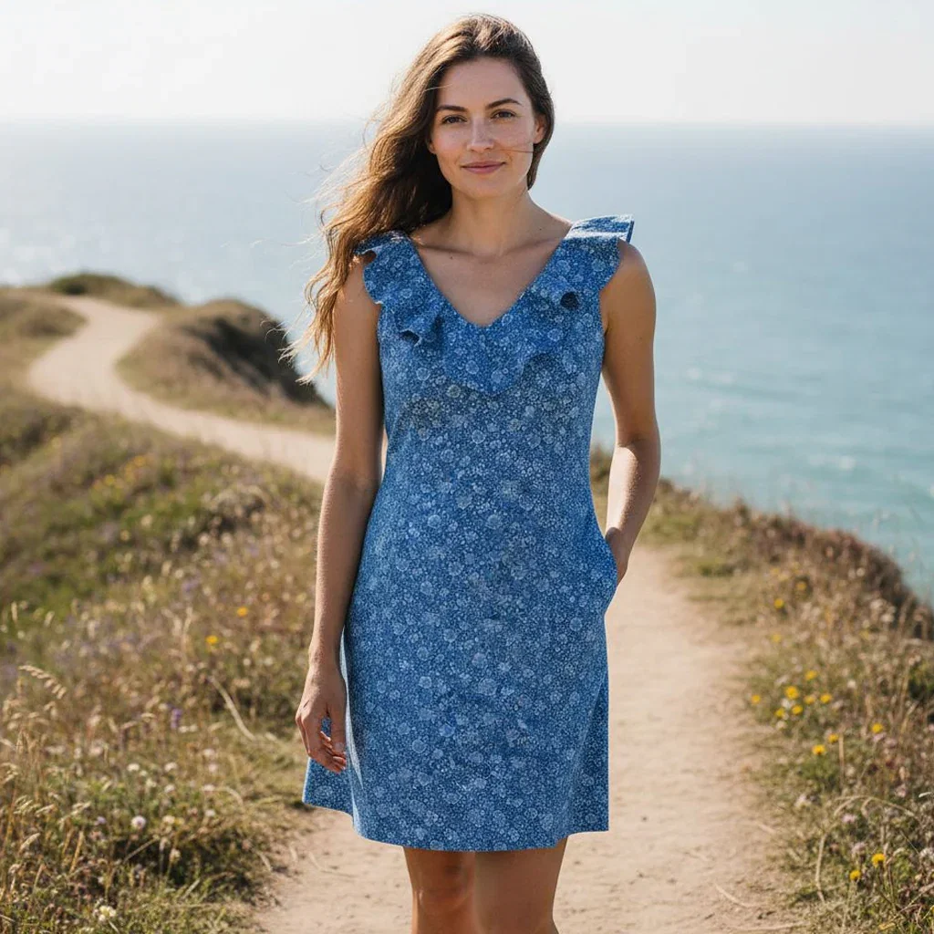 Woman wearing a blue floral dress standing on a coastal path overlooking the ocean