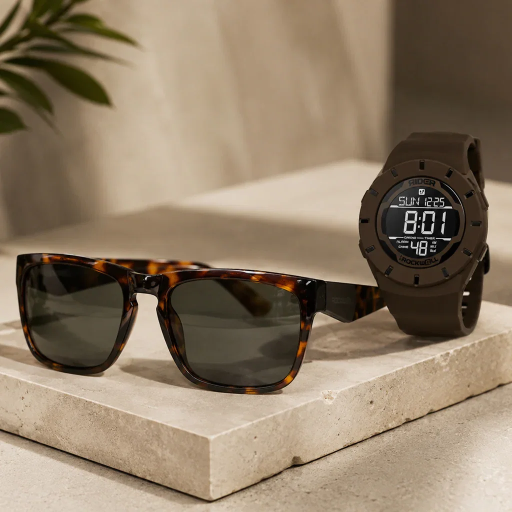 Tortoiseshell sunglasses and brown digital watch displayed on a concrete platform with natural lighting.