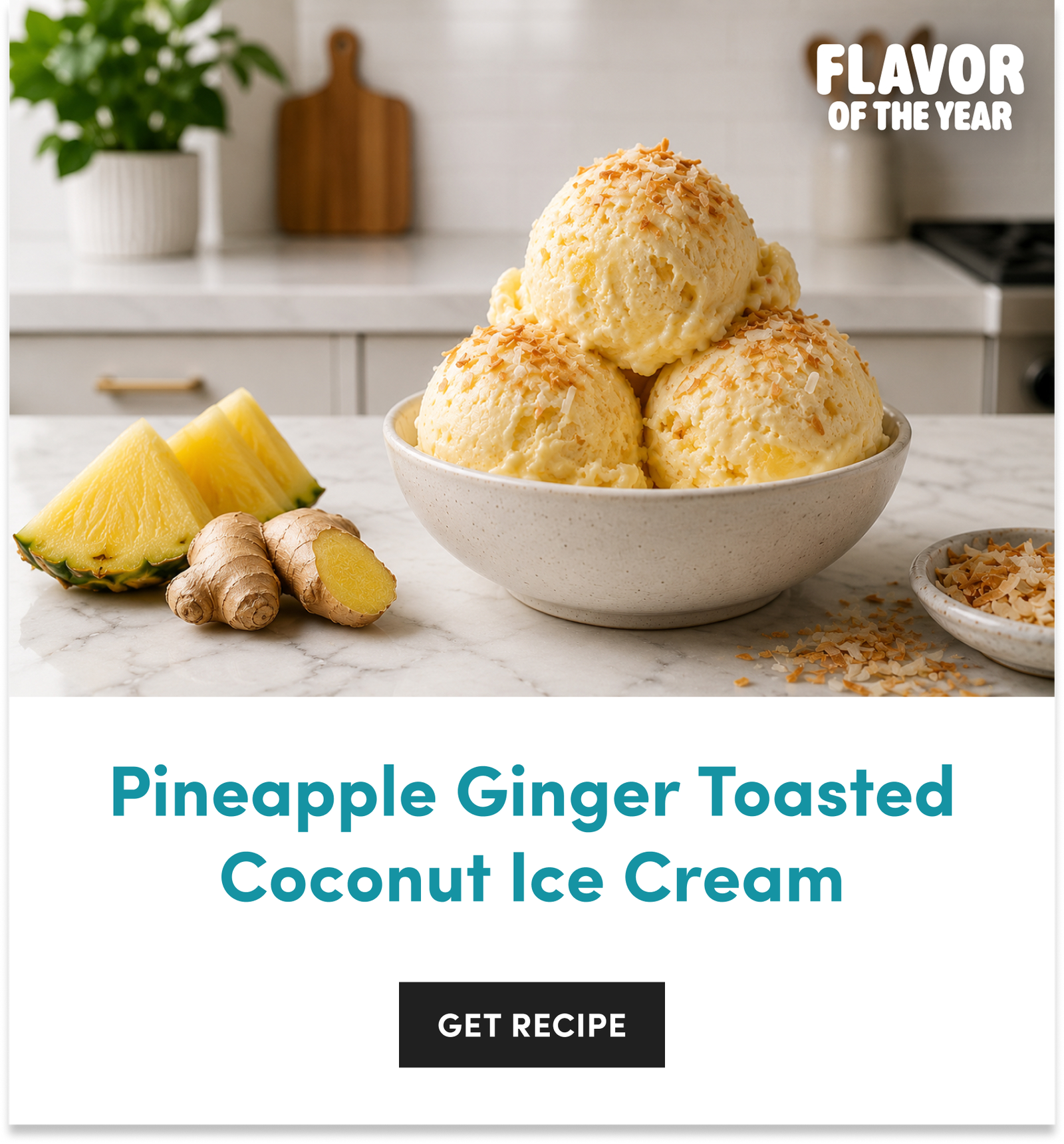 A bowl of pineapple ginger toasted coconut ice cream scoops next to ginger root and fresh pineapple on a marble table.