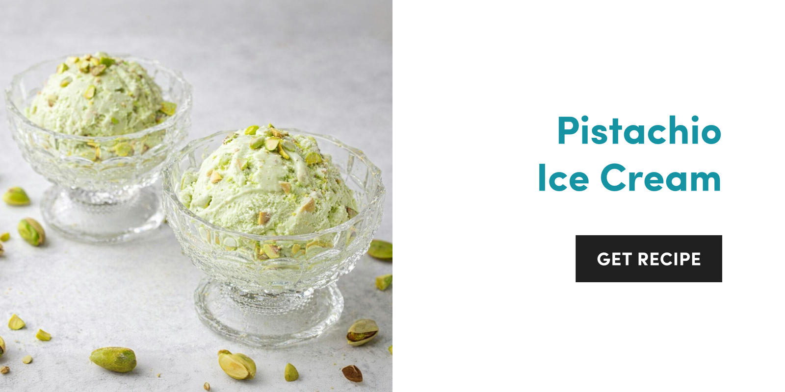 Two crystal glass dessert bowls filled with scoops of pale green pistachio ice cream topped with chopped nuts.