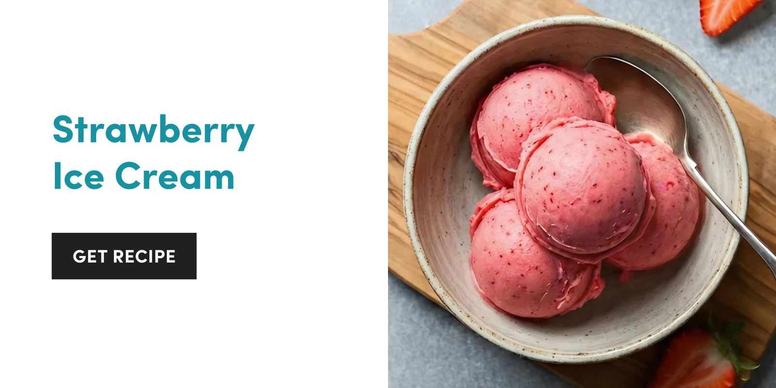 Pink strawberry ice cream scoops in a speckled ceramic bowl with a spoon, on a wooden board with sliced fresh strawberries.