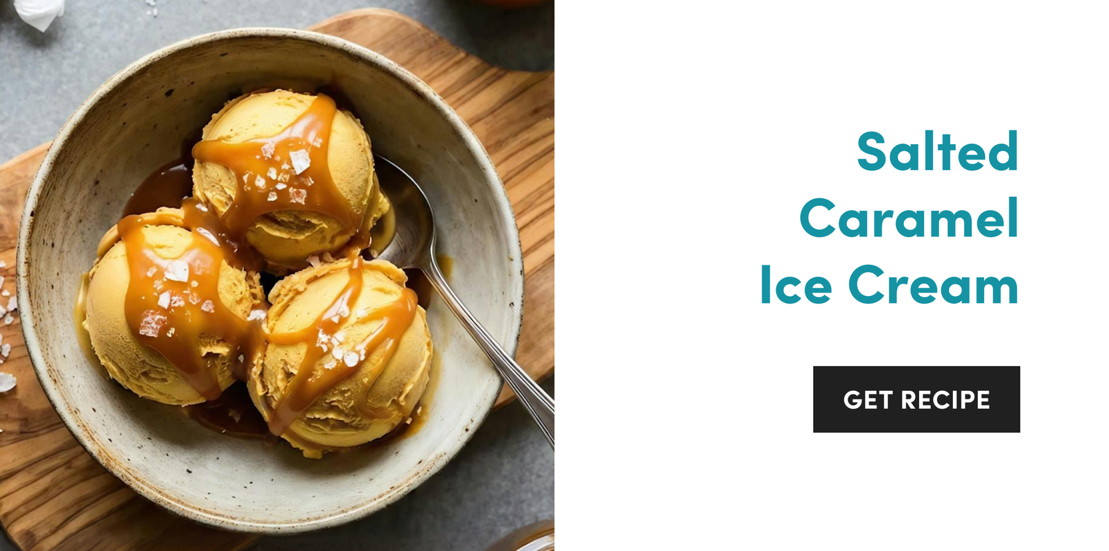 Three caramel ice cream scoops in a speckled ceramic bowl, drizzled with caramel sauce and sprinkled with flaky sea salt.